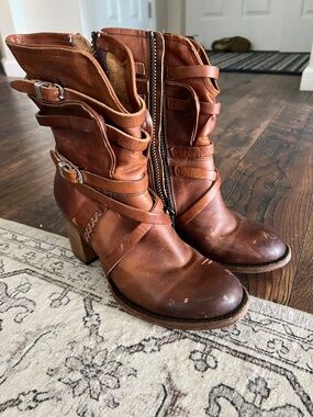 Freebird by Steven Cognac Brown Leather Mid-Calf Heeled Boots